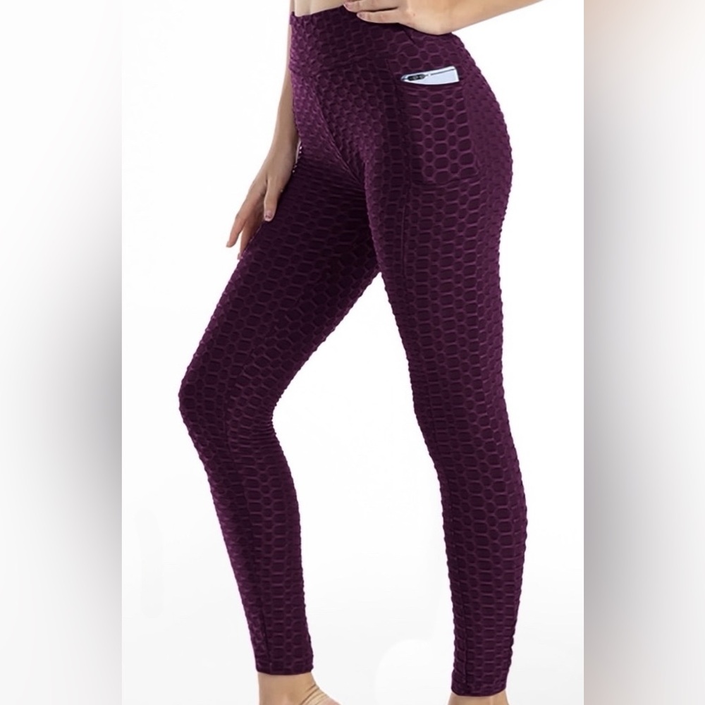 Textured Honeycomb Cherry Violet Athletic Gym Workout Leggings w/ Pockets - XXS